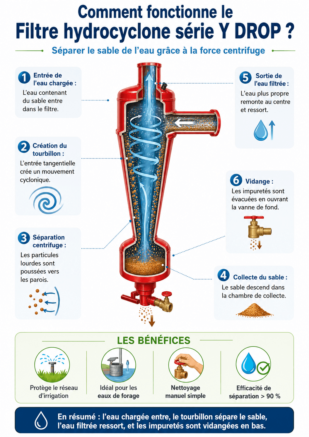 Infographie de fonctionnement d'un filtre hydrocyclone